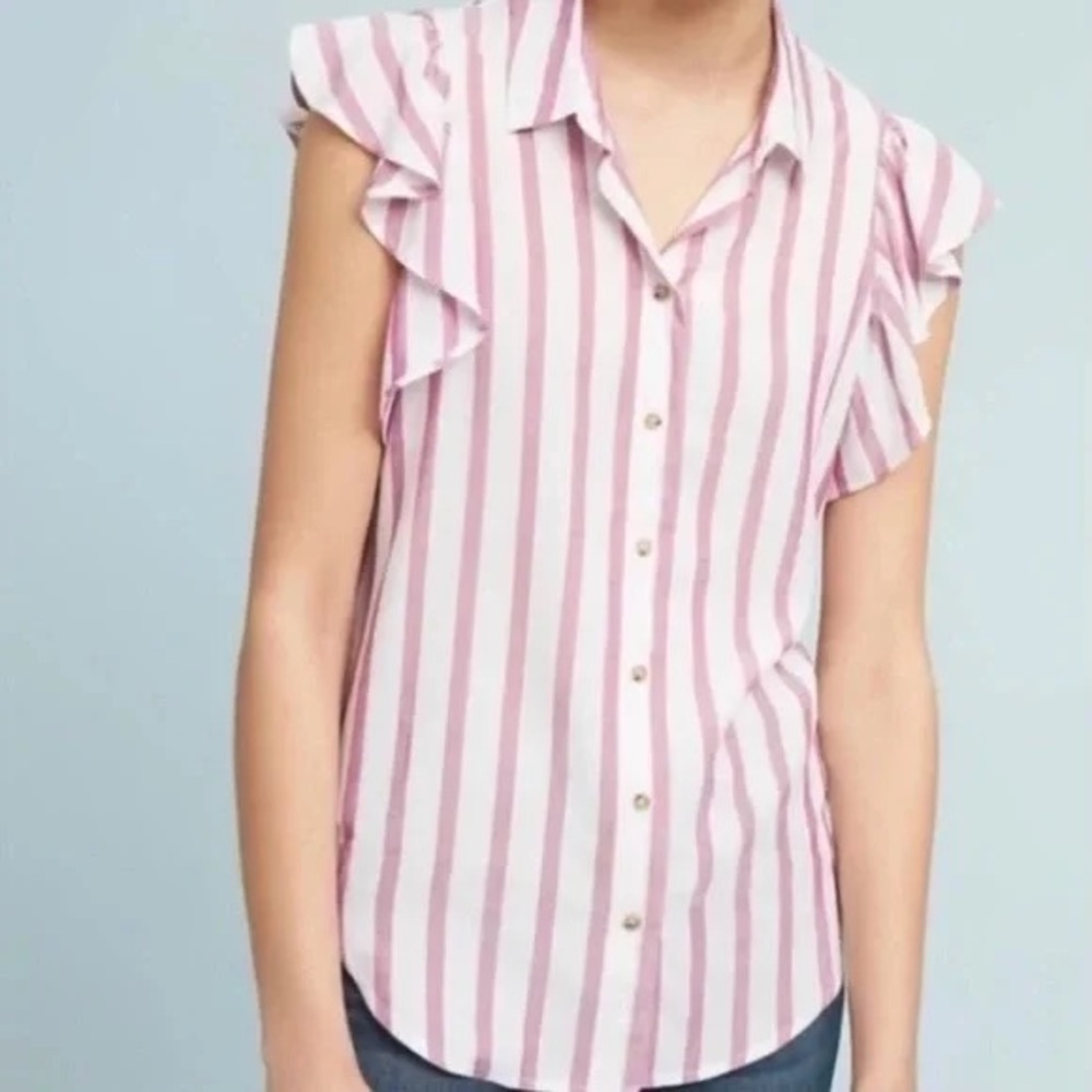 ANTHROPOLOGIE Maeve ‘Fairhope’ Striped Ruffle Sleeve Button Down Top, Size XS